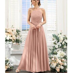 KF Bridal Chiffon Column Halter Sleeveless Bridesmaid Dress Dusty Pink